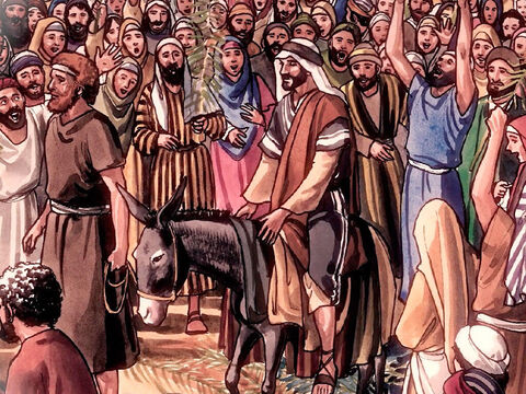 »Sagt der Tochter Zion: Siehe, dein König kommt zu dir, sanftmütig und auf einer Eselin reitend, und zwar auf einem Fohlen, dem Jungen eines Lasttiers.« (Sacharja 9,9) – Folie 4