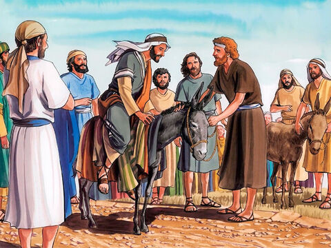 Als aber die Jünger hingegangen waren und getan hatten, wie Jesus ihnen aufgetragen, brachten sie die Eselin und das Fohlen und legten ihre Kleider auf sie, und er setzte sich darauf. – Folie 5