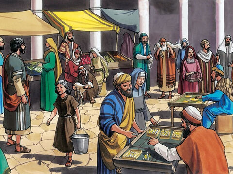 Und sie kommen nach Jerusalem. Und er trat in den Tempel und begann die hinauszutreiben, die im Tempel verkauften und kauften; – Folie 3