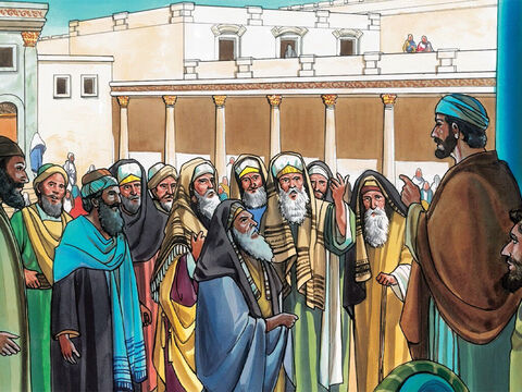 Und sie kommen wieder nach Jerusalem. Und als er in dem Tempel umherging, kommen die Hohen Priester und die Schriftgelehrten und die Ältesten zu ihm und sagen zu ihm: In welcher Vollmacht tust du diese Dinge? Oder wer hat dir diese Vollmacht gegeben, dass du diese Dinge tust? – Folie 11