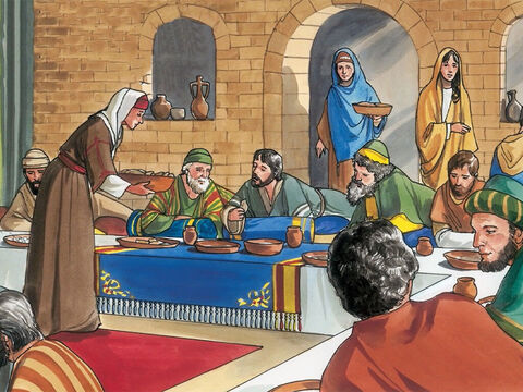 Sie machten ihm nun dort ein Abendessen, und Marta diente; Lazarus aber war einer von denen, die mit ihm zu Tisch lagen. – Folie 2