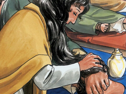 Da nahm Maria ein Pfund Salböl von echter, sehr kostbarer Narde und salbte die Füße Jesu und trocknete seine Füße mit ihren Haaren. Das Haus aber wurde von dem Geruch des Salböls erfüllt. – Folie 3