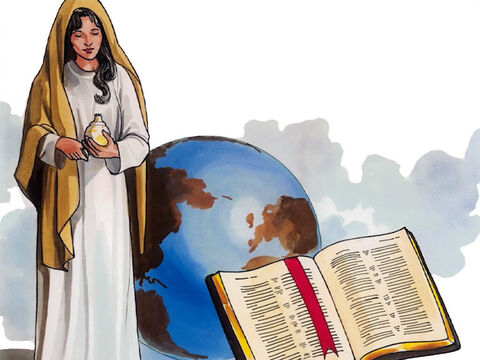 (Markus 14,8–9) Sie hat getan, was sie konnte; sie hat im Voraus meinen Leib zum Begräbnis gesalbt Aber wahrlich, ich sage euch: Wo das Evangelium gepredigt werden wird in der ganzen Welt, wird auch von dem, was sie getan hat, geredet werden zu ihrem Gedächtnis. – Folie 8