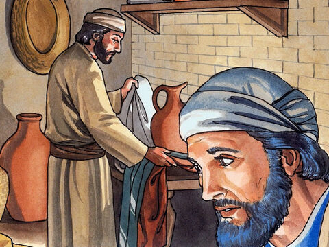 (Johannes 13,3–16) Jesus stand von dem Abendessen auf und legt die Oberkleider ab; und er nahm ein leinenes Tuch und umgürtete sich. – Folie 5