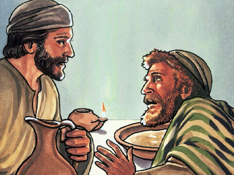 Jesus antwortete und sprach zu ihm: Was ich tue, weißt du jetzt nicht, du wirst es aber nachher verstehen. Petrus spricht zu ihm: Du sollst nie und nimmer meine Füße waschen! Jesus antwortete ihm: Wenn ich dich nicht wasche, so hast du kein Teil mit mir. – Folie 8