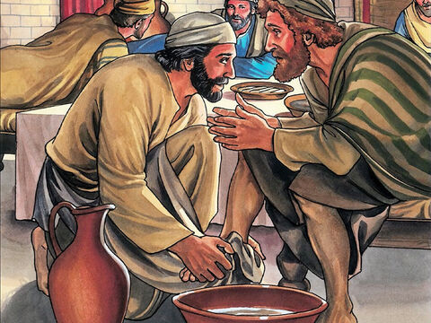Simon Petrus spricht zu ihm: Herr, nicht meine Füße allein, sondern auch die Hände und das Haupt! Jesus spricht zu ihm: Wer gebadet ist, hat nicht nötig, sich zu waschen, ausgenommen die Füße, sondern ist ganz rein; – Folie 9