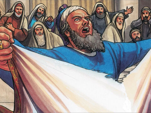 Da zerriss der Hohe Priester seine Kleider und sprach: Er hat gelästert. Was brauchen wir noch Zeugen? Siehe, jetzt habt ihr die Lästerung gehört. Was meint ihr? – Folie 11