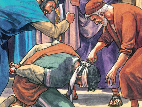 Dann spien sie ihm ins Angesicht und schlugen ihn mit Fäusten; einige aber schlugen ihn ins Gesicht und sprachen: Weissage uns, Christus, wer ist es, der dich schlug? – Folie 13