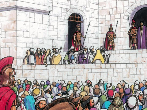 Aber die Hohen Priester und die Ältesten überredeten die Volksmengen, dass sie den Barabbas forderten, Jesus aber umbrächten. – Folie 7