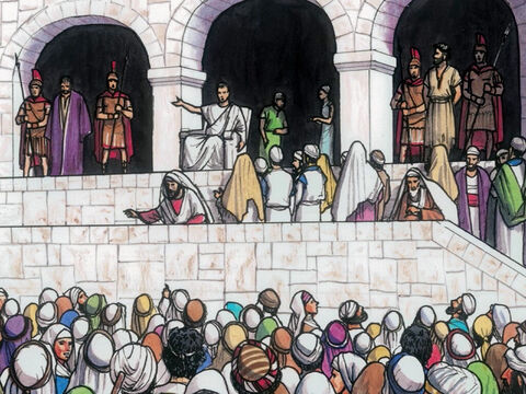 Der Statthalter aber antwortete und sprach zu ihnen: Welchen von den beiden wollt ihr, dass ich euch losgebe? Sie aber sprachen: Barabbas. – Folie 8