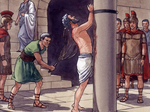 (Joh 19,1–3) Dann nahm nun Pilatus Jesus und ließ ihn geißeln. – Folie 9