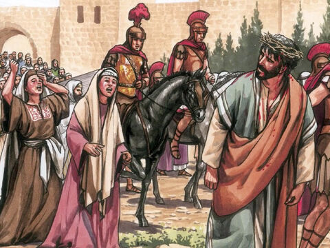 Jesus wandte sich aber zu ihnen und sprach: Töchter Jerusalems, weint nicht über mich, sondern weint über euch selbst und über eure Kinder! Denn siehe, Tage kommen, an denen man sagen wird: Glückselig die Unfruchtbaren und die Leiber, die nicht geboren, und die Brüste, die nicht gestillt haben! – Folie 8