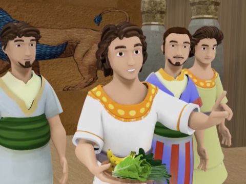 „Und dann vergleiche unser Aussehen mit dem der jungen Männer, die die königlichen Speisen essen. Dann kannst du mit uns auf der Grundlage all dessen verfahren, was du beobachtet hast.“ – Folie 12