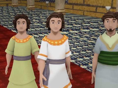 Als die von König Nebukadnezar bestimmte Zeit gekommen war, brachte der Aufseher Daniel und seine Freunde zu ihm. – Folie 17