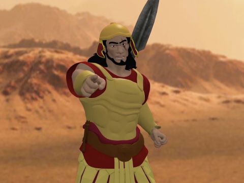 Goliat rief dem Heer von König Saul zu: „Ihr Menschen! Sucht euch einen Mann aus, der hierherkommt und gegen mich kämpft, wenn ihr es wagt!“ – Folie 3