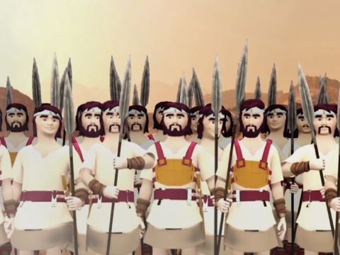 Als Saul und seine Soldaten Goliats Worte hörten, waren sie bestürzt und hatten große Angst. – Folie 8