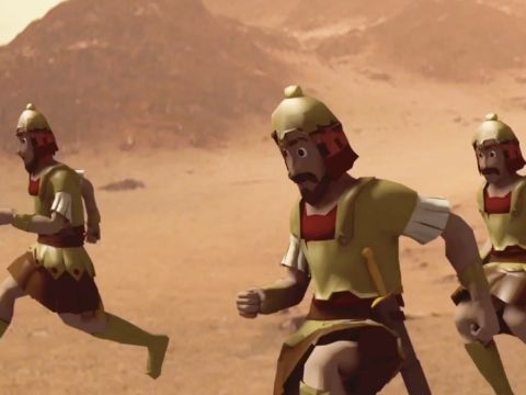 Als die Philister sahen, dass ihr Held Goliat tot war, flohen sie alle. Die Soldaten König Sauls verfolgten sie. – Folie 28