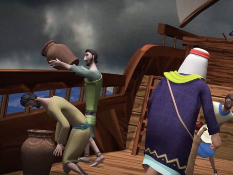 Alle Seeleute fürchteten sich so sehr, dass sie die Ladung ins Meer warfen, um das Schiff vor dem Sinken zu bewahren. – Folie 4