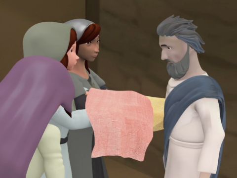 Alle Witwen standen um Petrus herum. Sie weinten und zeigten ihm die Kleider und die anderen Kleidungsstücke, die Tabita zu Lebzeiten gemacht hatte. – Folie 9