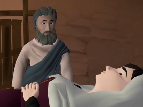 Sie öffnete die Augen. Und als sie Petrus sah, setzte sie sich auf. – Folie 14