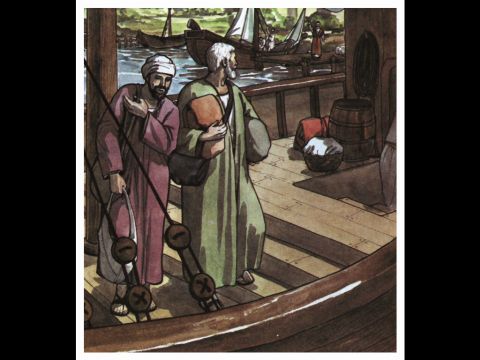 Barnabas nahm Markus mit und segelte nach Zypern, doch Paulus entschied sich für Silas und reiste ab, von den Gläubigen der Gnade des Herrn empfohlen. Er zog durch Syrien und Kilikien und stärkte die Gemeinden. – Folie 15