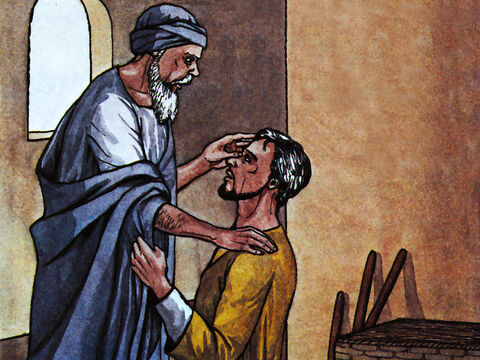 Und Hananias ging hin und kam in das Haus und legte die Hände auf ihn und sprach: Lieber Bruder Saul, der Herr hat mich gesandt, Jesus, der dir auf dem Wege hierher erschienen ist, dass du wieder sehend und mit dem Heiligen Geist erfüllt werdest.<br/>Und sogleich fiel es von seinen Augen wie Schuppen, und er wurde wieder sehend; – Folie 12