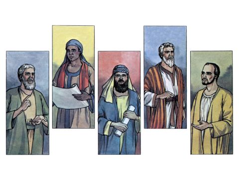 In der Gemeinde von Antiochia gab es Propheten und Lehrer: Barnabas, Simeon genannt Niger, Luzius von Kyrene, Manaen (der mit Herodes, dem Tetrarchen, erzogen worden war) und Saulus. – Folie 5