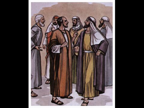 Das brachte Paulus und Barnabas in heftige Auseinandersetzungen und Streit mit ihnen. – Folie 3