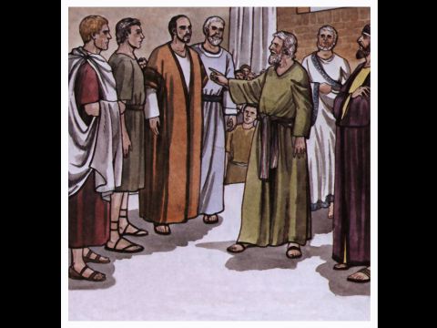 Daher wurden Paulus und Barnabas zusammen mit einigen anderen Gläubigen beauftragt, nach Jerusalem zu gehen, um die Apostel und Ältesten wegen dieser Frage aufzusuchen. – Folie 4
