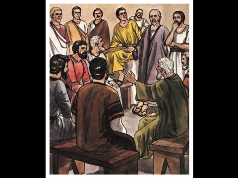 Da standen einige der Gläubigen auf, die zur Partei der Pharisäer gehörten, und sagten: „Die Heiden müssen beschnitten werden und das Gesetz des Mose befolgen.”<br/>Die Apostel und Ältesten trafen sich, um über diese Frage nachzudenken. – Folie 10