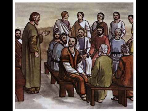 Die ganze Versammlung wurde still, als sie Barnabas und Paulus zuhörten, die von den Zeichen und Wundern erzählten, die Gott durch sie unter den Heiden getan hatte. – Folie 16