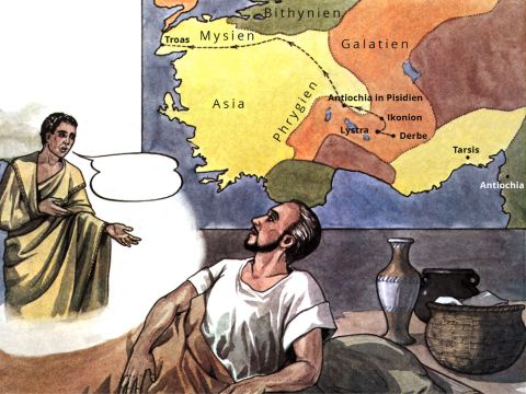 In der Nacht hatte Paulus eine Vision von einem Mann aus Mazedonien, der dastand und ihn anflehte: „Komm nach Mazedonien und hilf uns!“ – Folie 9