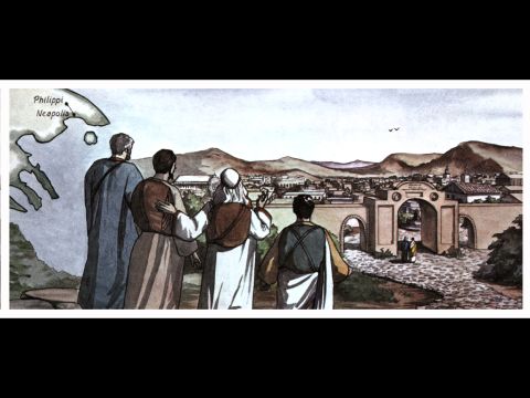 Von dort reisten sie nach Philippi, einer römischen Kolonie und der bedeutendsten Stadt des mazedonischen Gebiets. Dort blieben sie mehrere Tage. – Folie 12