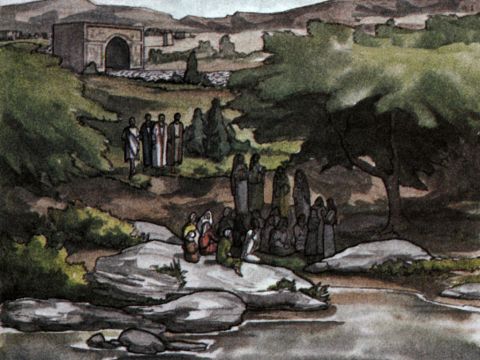 Am Sabbat gingen sie vor das Stadttor zum Fluss, wo sie einen Ort zum Gebet erwarteten. Sie setzten sich und begannen, mit den Frauen zu sprechen, die sich dort versammelt hatten. – Folie 13