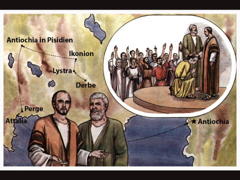 Dann kehrten sie nach Lystra, Ikonion und Antiochia zurück, stärkten die Jünger und ermutigten sie, dem Glauben treu zu bleiben.<br/>Paulus und Barnabas ernannten für sie Älteste in jeder Gemeinde und übergaben sie mit Gebet und Fasten dem Herrn, auf den sie vertraut hatten. – Folie 11