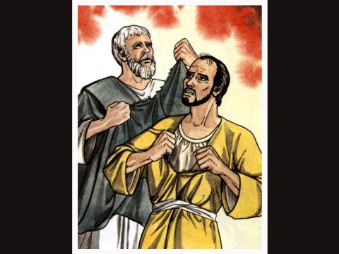 Als aber die Apostel Barnabas und Paulus davon hörten, zerrissen sie ihre Kleider und stürmten in die Menge und riefen: „Freunde, warum tut ihr das? Auch wir sind nur Menschen, so wie ihr. Wir überbringen euch eine gute Nachricht und sagen euch, dass ihr euch von diesen wertlosen Dingen abwenden und euch dem lebendigen Gott zuwenden sollt, der die Himmel, die Erde, das Meer und alles darin geschaffen hat.“ – Folie 5
