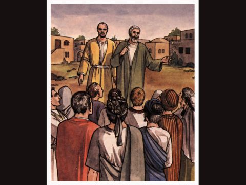 Sie predigten das Evangelium in dieser Stadt und gewannen eine große Zahl von Jüngern. – Folie 10