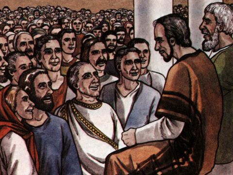 Als sie dort ankamen, versammelten sie die Gemeinde und berichteten, was Gott durch sie getan hatte und wie er den Heiden eine Tür des Glaubens geöffnet hatte. Und sie blieben dort lange Zeit bei den Jüngern. – Folie 13
