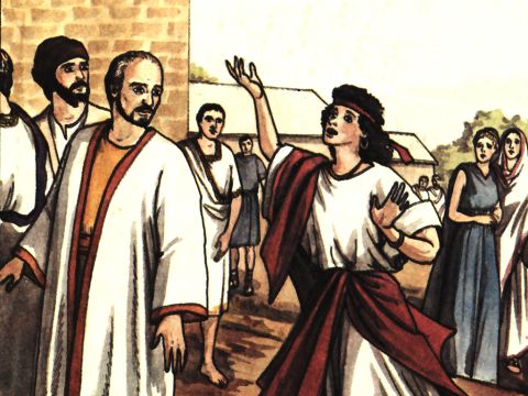 Sie folgte Paulus und uns allen und rief: „Diese Männer sind Diener Gottes, des Allerhöchsten, und sie zeigen euch den Weg zur Erlösung.“ – Folie 2