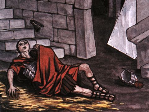 Plötzlich gab es ein so heftiges Erdbeben, dass die Grundmauern des Gefängnisses erschüttert wurden. Sofort sprangen alle Gefängnistüren auf, und die Ketten aller lösten sich. – Folie 7
