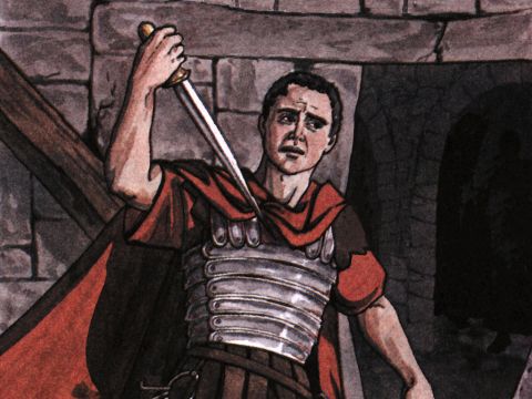 Der Gefängniswärter erwachte, und als er die Gefängnistüren offen sah, zog er sein Schwert und wollte sich umbringen, weil er dachte, die Gefangenen seien entkommen. – Folie 8