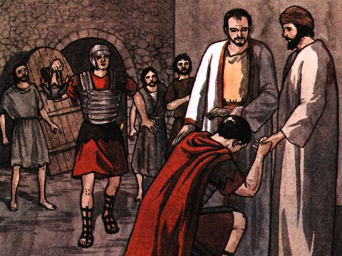 Doch Paulus rief: „Tu dir nichts an! Wir sind alle hier!“ Der Gefängniswärter rief nach Licht, stürzte hinein und fiel zitternd vor Paulus und Silas nieder. – Folie 9