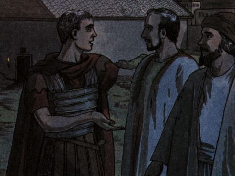 Dann führte er sie heraus und fragte: „Ihr Herren, was muss ich tun, um gerettet zu werden?“<br/>Sie antworteten: „Glaube an den Herrn Jesus, dann wirst du gerettet werden – du und dein Haus.“ – Folie 10