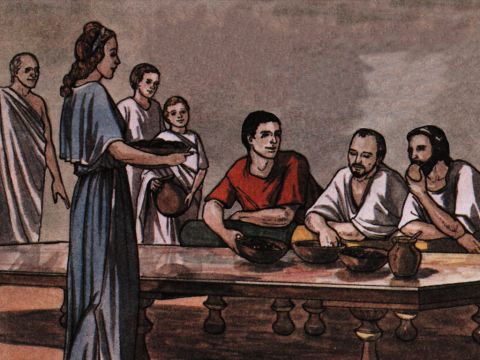 Der Gefängniswärter führte sie in sein Haus und setzte ihnen ein Mahl vor. Er war voller Freude, weil er zum Glauben an Gott gekommen war – er und sein ganzes Haus. – Folie 13