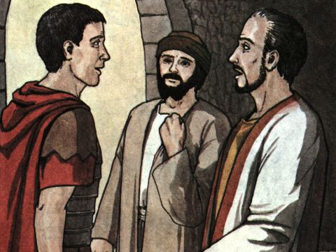 Der Gefängniswärter sagte zu Paulus: „Die Beamten haben angeordnet, dass du und Silas freigelassen werdet. Ihr könnt jetzt gehen. Geht in Frieden!“<br/>Paulus aber sagte zu den Beamten: „Sie haben uns öffentlich und ohne Gerichtsverfahren geschlagen, obwohl wir römische Bürger sind, und uns ins Gefängnis geworfen. Und jetzt wollen sie uns heimlich loswerden? Nein! Sie sollen selbst kommen und uns hinausführen.“ – Folie 15