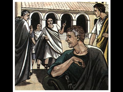 Die Beamten meldeten dies den Hauptleuten, und als sie hörten, dass Paulus und Silas römische Bürger waren, erschraken sie. – Folie 16