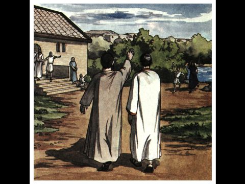 Nachdem Paulus und Silas aus dem Gefängnis entlassen worden waren, gingen sie zu Lydias Haus, wo sie die Brüder und Schwestern trafen und ihnen Mut zusprachen. Dann gingen sie fort. – Folie 18