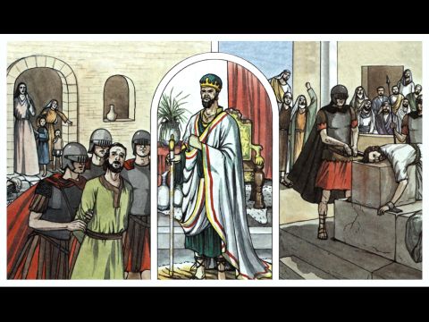 Ungefähr zu dieser Zeit verhaftete König Herodes einige Mitglieder der Gemeinde mit der Absicht, sie zu verfolgen. Er ließ Jakobus, den Bruder des Johannes, mit dem Schwert töten. – Folie 1