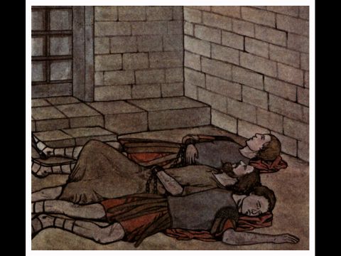 In der Nacht, bevor Herodes ihn vor Gericht stellen sollte, schlief Petrus zwischen zwei Soldaten, gefesselt mit zwei Ketten. – Folie 5