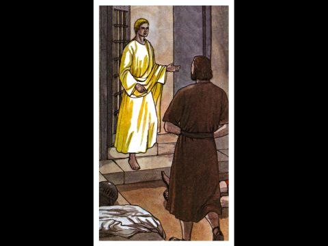 Da sagte der Engel zu ihm: „Zieh deine Kleider und Sandalen an!“ Und Petrus tat es.<br/>„Lege deinen Umhang um und folge mir!“, sagte der Engel zu ihm. – Folie 10
